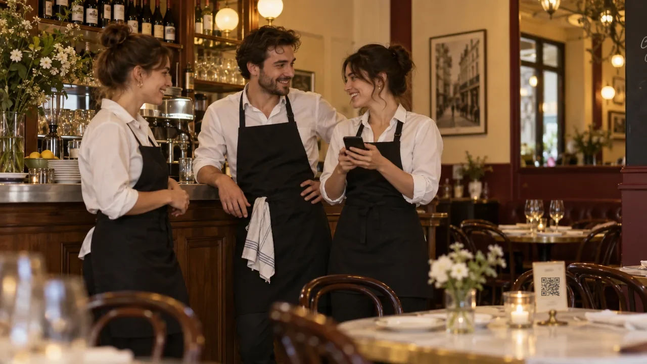 L'équipe d'un bistrot prête pour le service, un QR code de carte posé sur une table.
