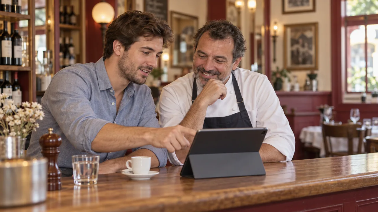 Un conseiller d'Osark règle l'application avec un restaurateur, au comptoir.